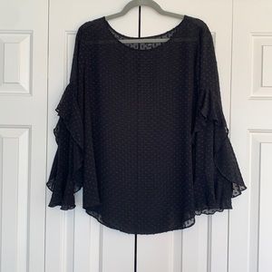 Ann Taylor black clip dot ruffle sleeve blouse Sz Large